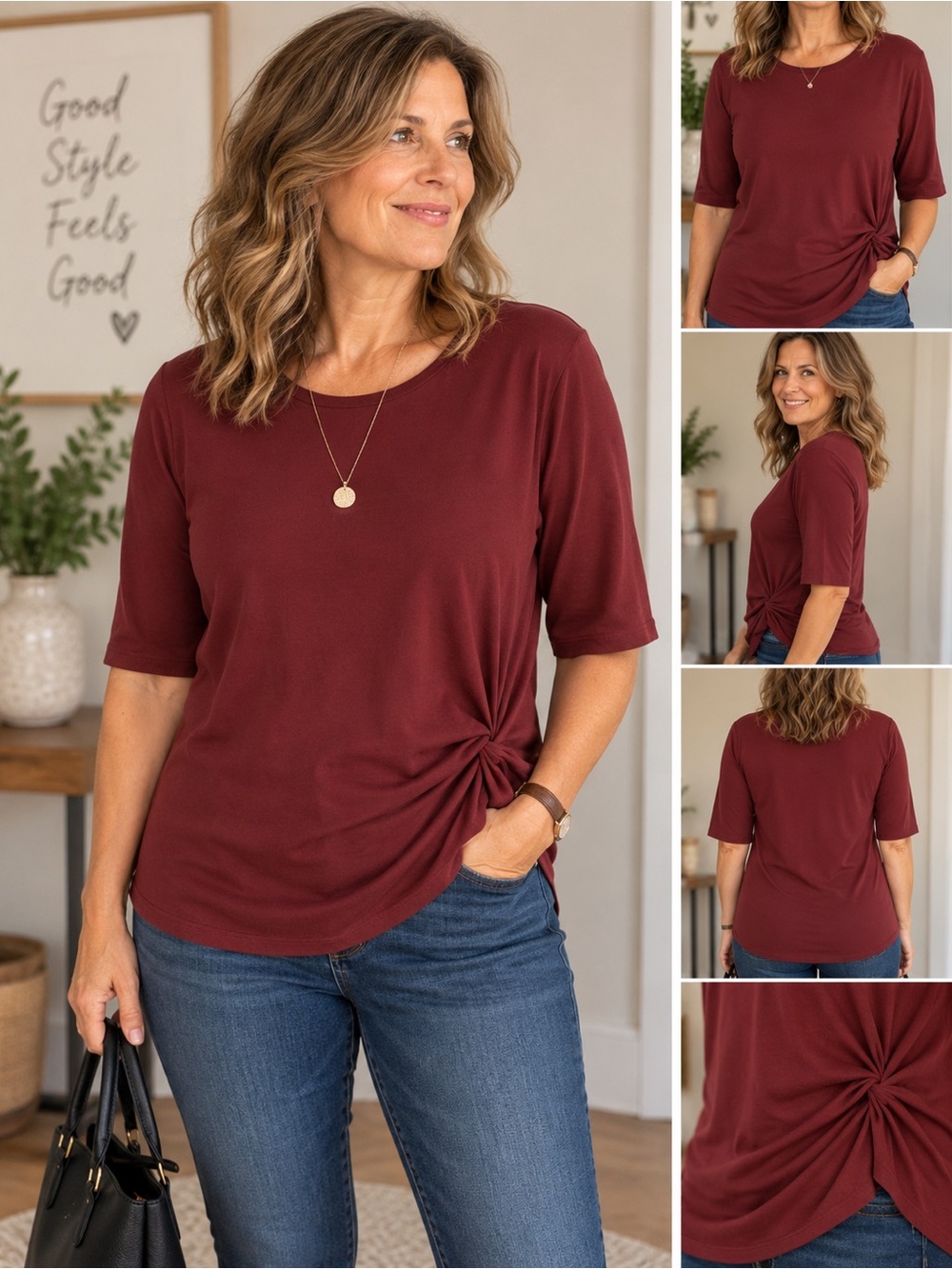 Reitmans Burgundy Side-Knot Short Sleeve Top
